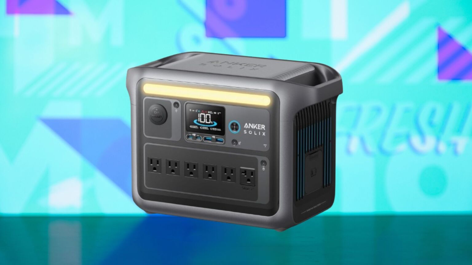 A battery bank appears on a multicolored background.