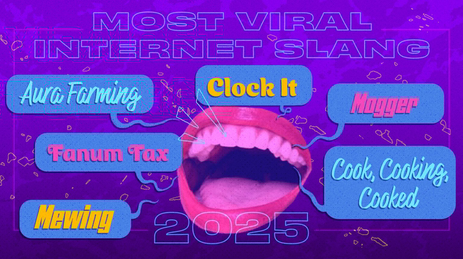 A mouth with Gen Alpha slang words appearing in text bubbles around it. 