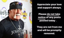 A side-by-side image shows a man with a blonde handlebar moustache next to black image filled with white text.