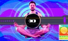 A man meditates behind a smartwatch with an image of a car on its screen.