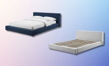 a blue and a white platform bed frame on a pink and blue background