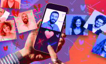 hands holding a phone displaying dating app options saturated in red and blue