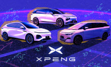 Three electric cars on a purple background above the XPENG logo.