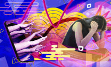 A colorful collage showing a woman hunched over and covering her head as hands reach out from a smartphone.