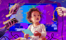 A colorful collage featuring a small child surrounded by hands. One hand holds out a plug, another a stack of money.