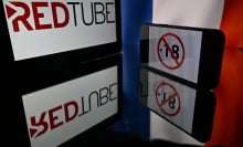 screens displaying an under-18 logo, the logo of the pornographic site Redtube and a French flag