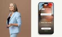 headshot of esther perel, a white woman, next to screenshot of hinge prompts