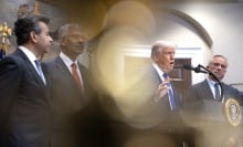 FDA Commissioner Martin Makary, National Institutes of Health Director Jay Bhattacharya, President Donald Trump and Health and Human Services Secretary Robert F. Kennedy Jr. stand at a podium.