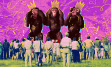three monkeys being watched by a crowd of people