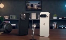 an iPhone and Google Pixel phone on a mock podcast