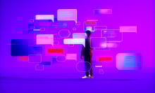 young man surrounded by AI chatbot messages