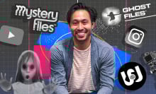 Ryan Bergara surrounded by Watcher show logos