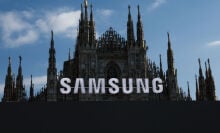Samsung logo with ornate castle behind it