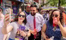 Zohran Mamdani, New York City mayoral candidate, center, greets supporters during a campaign event in New York.