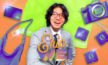 eric wei surrounded by a bag, karat credit card, rode mics, and sony camera