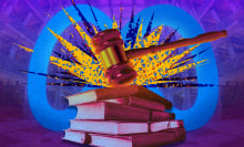 a gavel hitting a stack of books in front of the meta logo