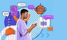 Profile of black man typing in phone, ai chat bot doodle icons with speech bubbles and e-mails on colorful background