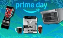 a Ninja blender, coffee maker, and countertop oven on a green and turquoise Prime Day background
