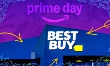 Best Buy retail storefront with purple Prime Day artwork