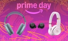 blue airpods max, amazon echo buds, and pink beats headphones on pink prime day background