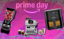 a ninja blender, de'longhi espresso maker, and chefman air fryer on a pink prime day background