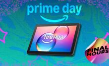 amazon fire tablet on illustrated background with sticker that reads 'Final Hours'