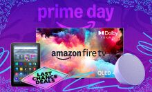 An Amazon Fire tablet and tv on a colorful background; sticker that reads 'last chance deals'
