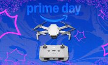 the DJI mini 4k drone on a blue prime day background