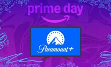 Paramount+ on tv screen with purple prime day composite background
