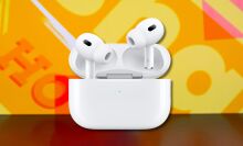 airpods pro 2 earbuds against a yellow patterned background