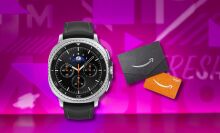 samsung galaxy watch 8 classic smartwatch and amazon gift card against a pink patterned background