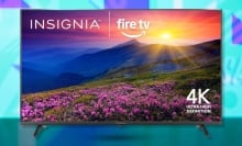 The Insignia 65-inch Class F50 Series LED 4K UHD Smart Fire TV on a blue background