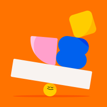 A yellow smiley face balances geometric shapes on its head