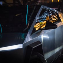Close-up of a Tesla Cybertruck.