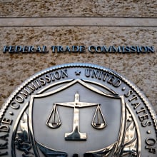 The seal of the Federal Trade Commission (FTC) outside the agency's headquarters in Washington, DC, US