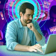 A man is surrounded by visual prompts to gamble.