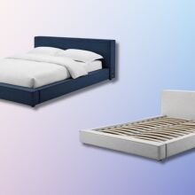 a blue and a white platform bed frame on a pink and blue background