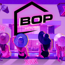 the back of four women sitting at the edge of a pool, with bop house logo above