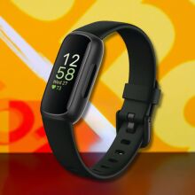 fitbit inspire 3 fitness tracker against a yellow patterned background