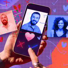 hands holding a phone displaying dating app options saturated in red and blue