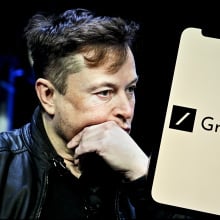 Elon Musk and Grok logo on mobile device