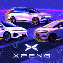 Three electric cars on a purple background above the XPENG logo.