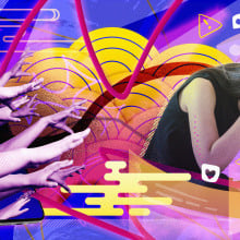A colorful collage showing a woman hunched over and covering her head as hands reach out from a smartphone.