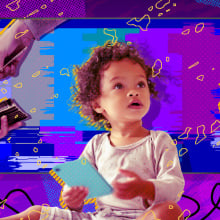 A colorful collage featuring a small child surrounded by hands. One hand holds out a plug, another a stack of money.