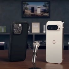 an iPhone and Google Pixel phone on a mock podcast
