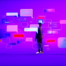 young man surrounded by AI chatbot messages