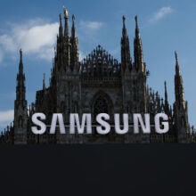 Samsung logo with ornate castle behind it