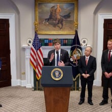 OpenAI CEO Sam Altman speaking in the Roosevelt Room next to President Trump