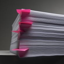 A large stacks of papers with post-it notes in between some of the pages.