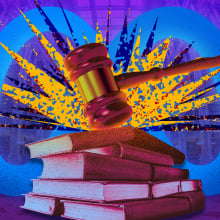 a gavel hitting a stack of books in front of the meta logo